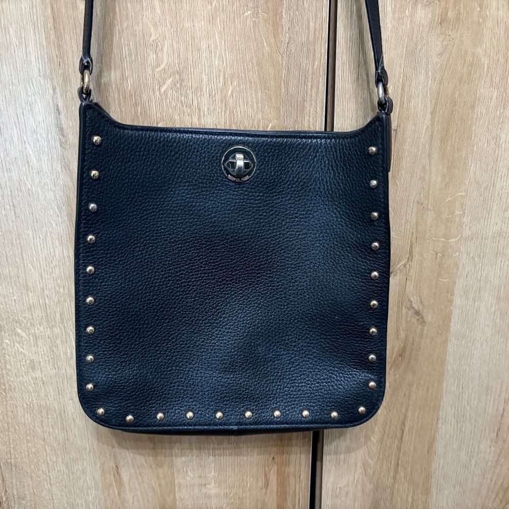Michael Kors Sullivan Black Leather Gold Studded Crossbody Messenger Bag - Picture 3 of 15